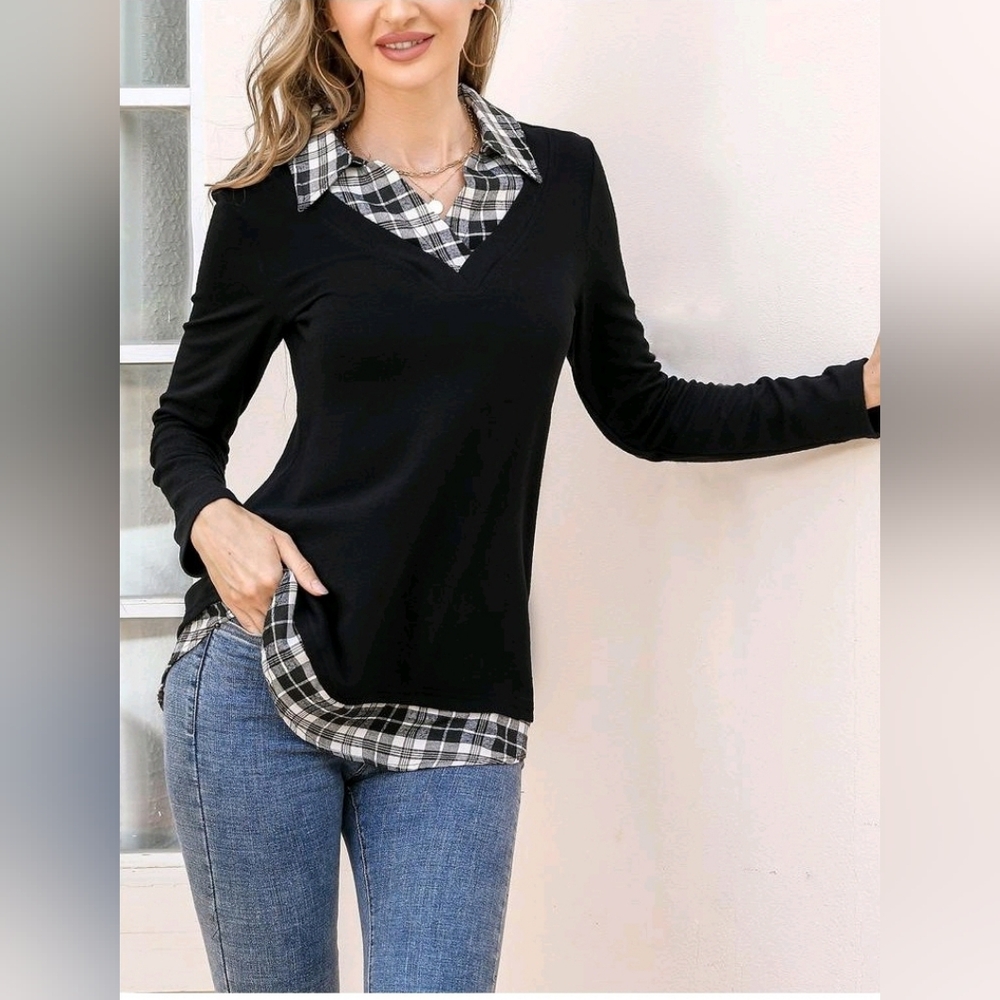 New with tags! Fashion Womens XL Black Plaid Layered Top with Vneck collar